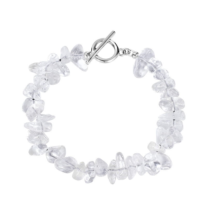 Natural Stone Irregular Clear White Crystal Chip Bead OT Toggle Clasp 925 Sterling Silver Bracelet