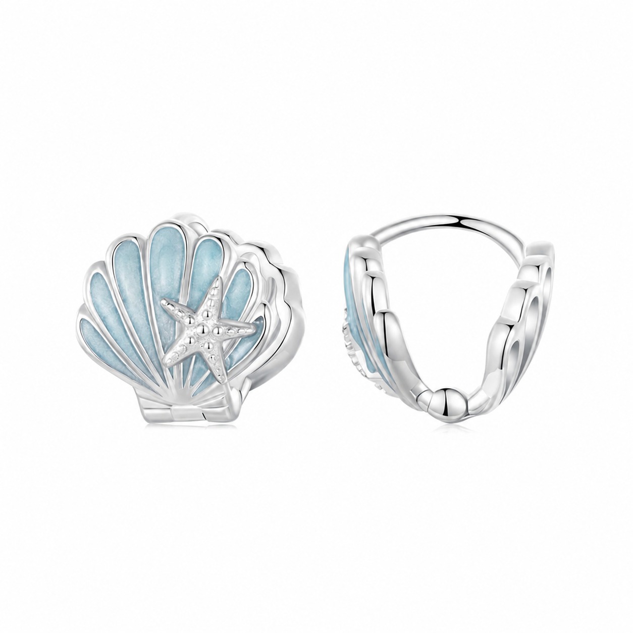 Ocean Style Powder Blue Epoxy Resin Colored Shell Star Cube Zirconium 925 Sterling Silver Clip on Earrings
