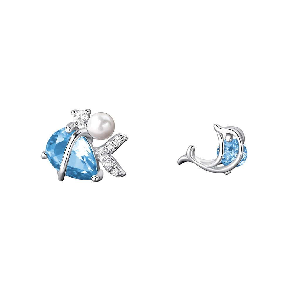 Asymmetrical Dolphin Mermaid Tail Blue Amazing Crystals S925 Sterling Silver Ear Stud Earrings