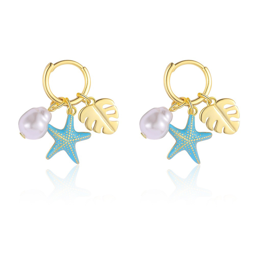 Summer Ocean Star Sea Pearl Circular Leaf-shaped Resin Pendant S925 Silver Earrings