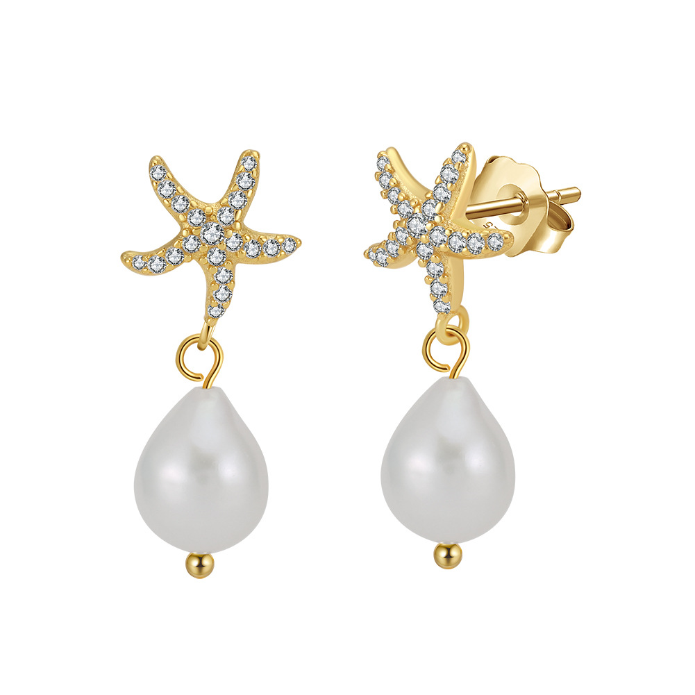 Starfish Pearl Amazing Crystals Drop Earrings 925 Sterling Silver Baroque Freshwater Pearl Stud Earrings