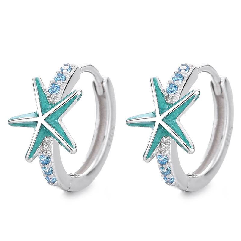 Blue Star Sea Urchin Cubic Zirconium Sea Star Circular 925 Sterling Silver Earrings
