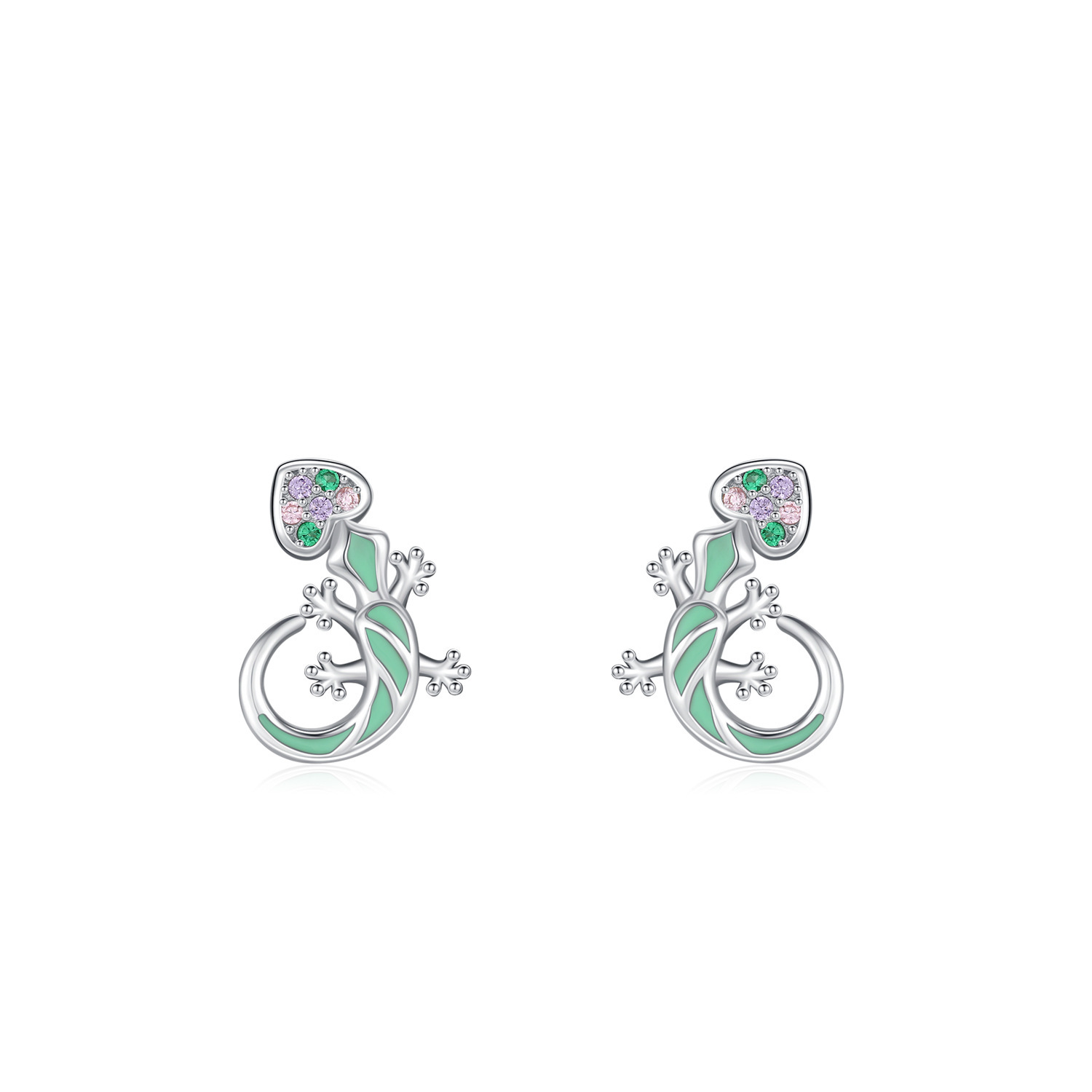 Rainbow Cube Zirconium Blue Mint Green Enamel Lizard-shaped 925 Silver Earrings