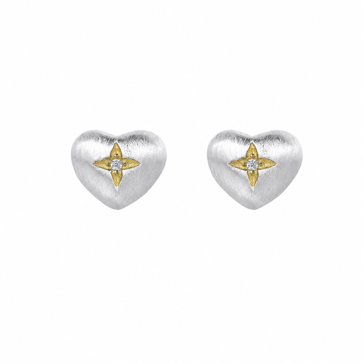 Brushed Heart-Shaped Zirconia Two Tone 925 Sterling Silver Gold-Plated Star Patterned Heart Stud Earrings