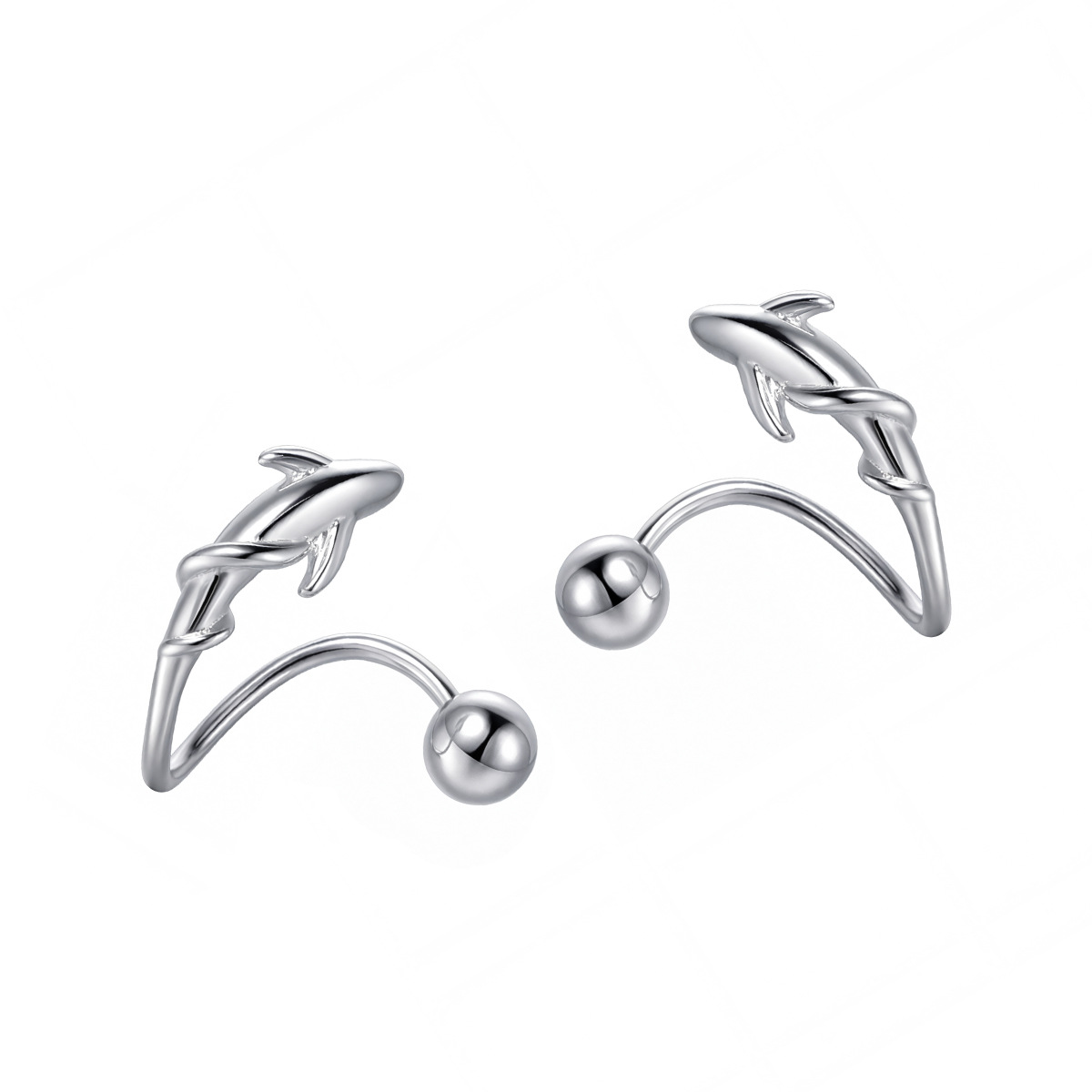 Swimming Fish-Shaped Curved Ball Back Design 925 Sterling Silver Animal Themed Stud Earrings