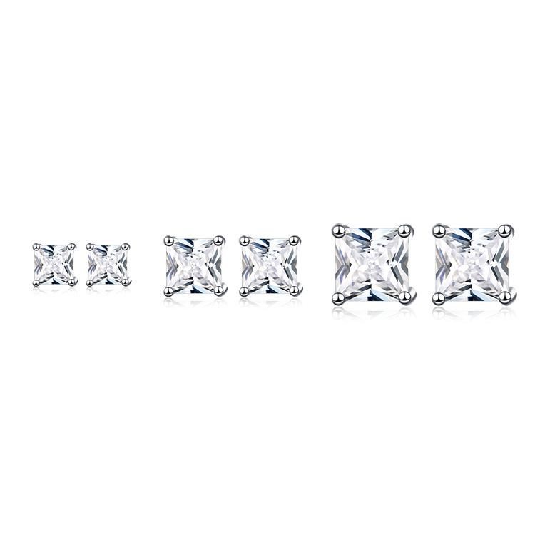 Princess Cut Amazing Crystals Four Prong 925 Sterling Silver Stud Earrings Geometric White Gold Color Minimal Unisex Earrings
