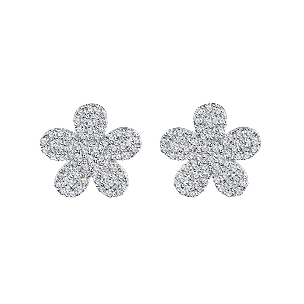 Silver Six Petal Flower Amazing Crystals Micro Pave S925 Sterling Silver Delicate Floral DesignStud Earrings