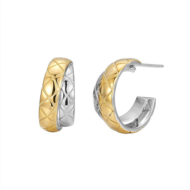 Geometric 925 Sterling Silver Diamond Lattice Pattern Modern Two-Tone Sculptural Hoop Earrings