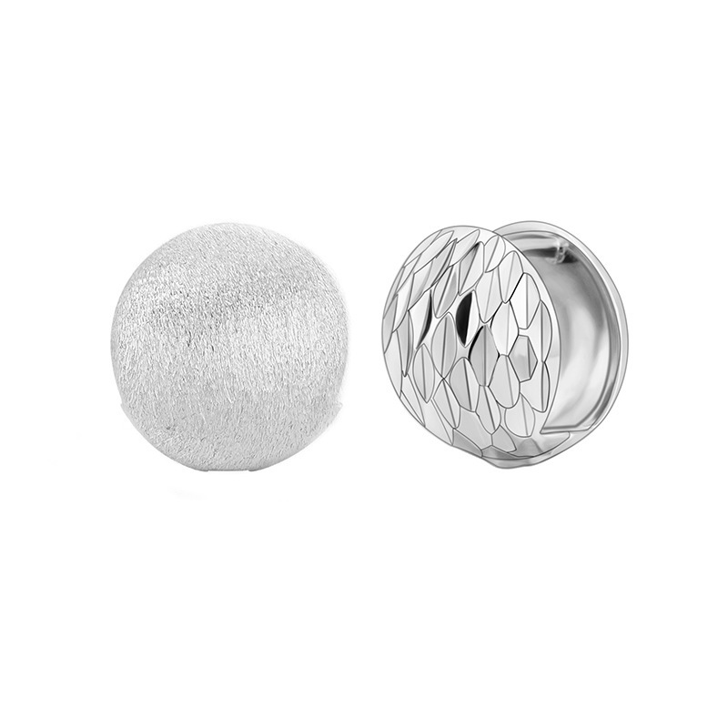 Modern Minimalist Fashion Jewelry Geometric Brushed Matte And Diamond Cut Laser Texture Hinged Clip Round Dome Pure Metal 925 Sterling Silver Earrings