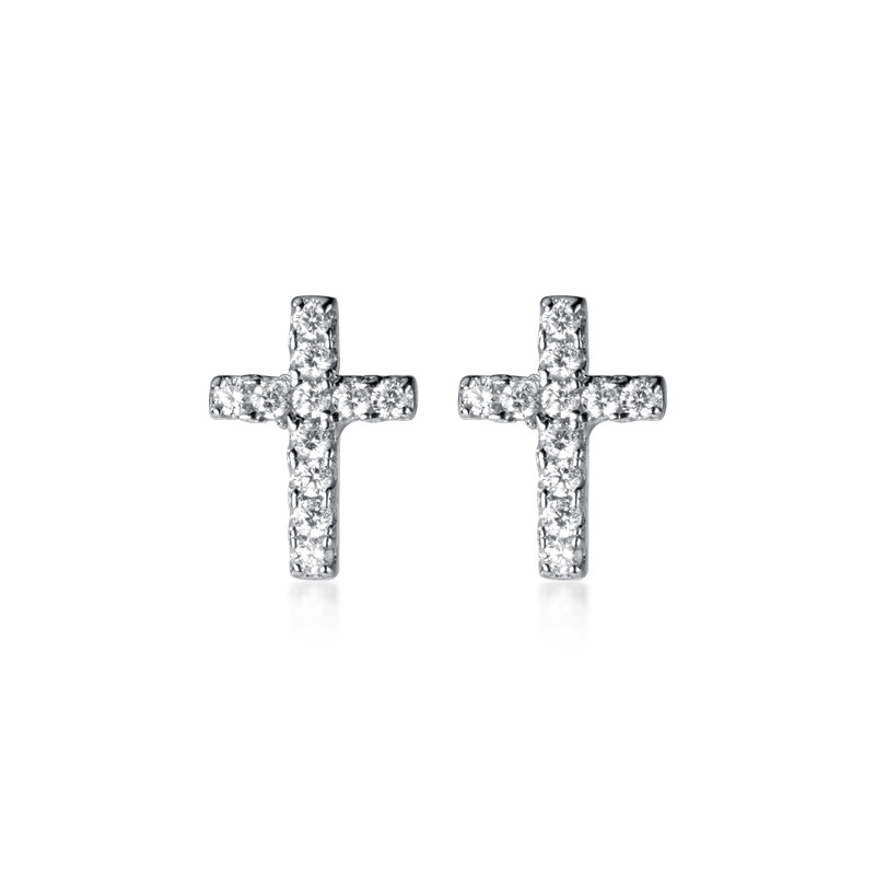 Religious Mini Delicate Cross Geometric Silver 925 Sterling Silver Stud Earrings