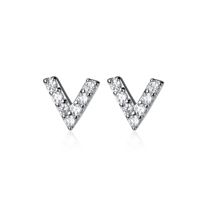925 Sterling Silver Simple Geometric Mini Letter V Amazing Crystals Stud Earrings
