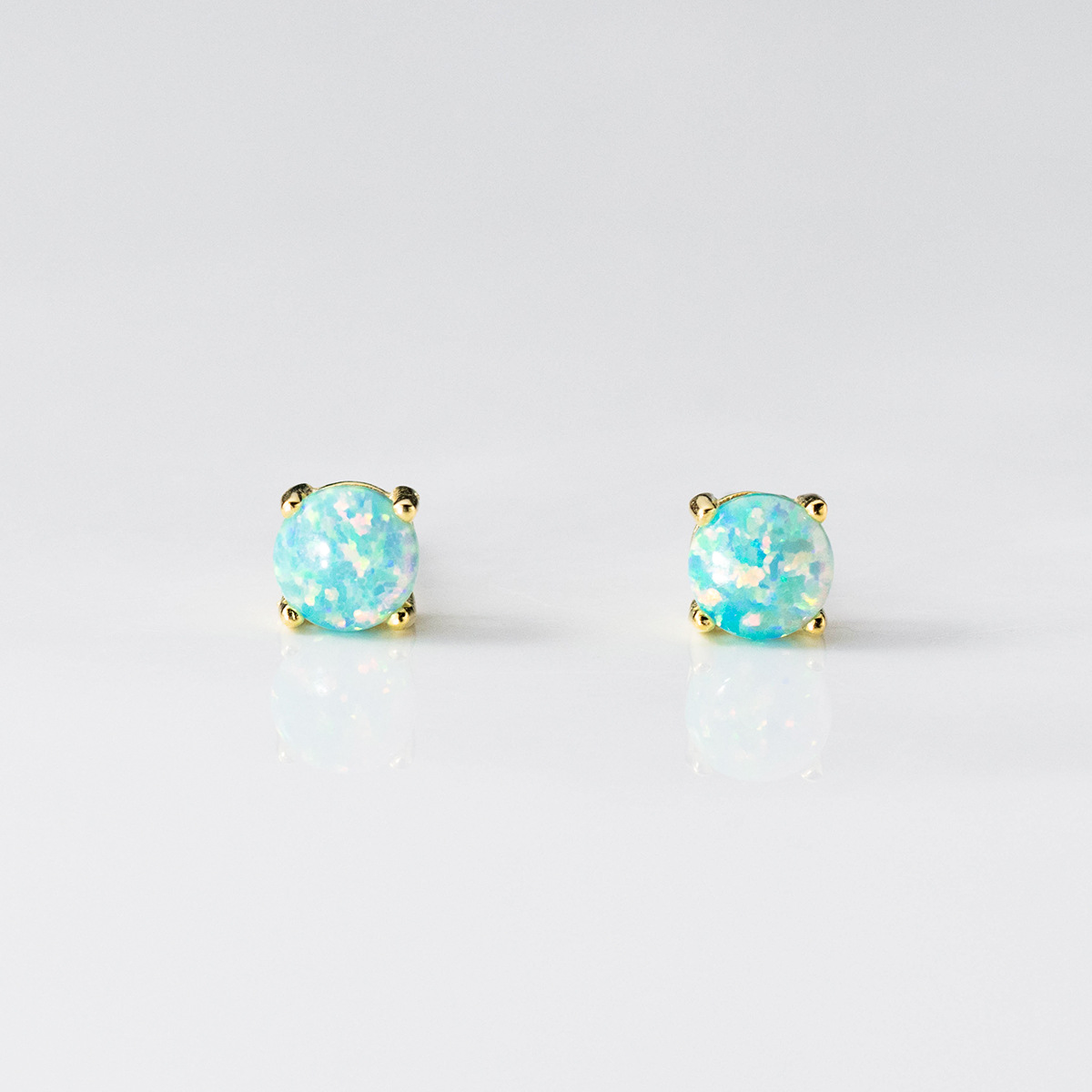 Geometric Four Prong Minimalist Delicate Round Blue White Green Opal S925 Sterling Silver Stud Earrings