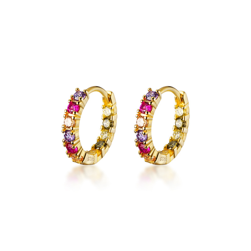 Multicolor Pink Purple Clear Amazing Crystals S925 Sterling Silver Delicate Short Huggie Earrings