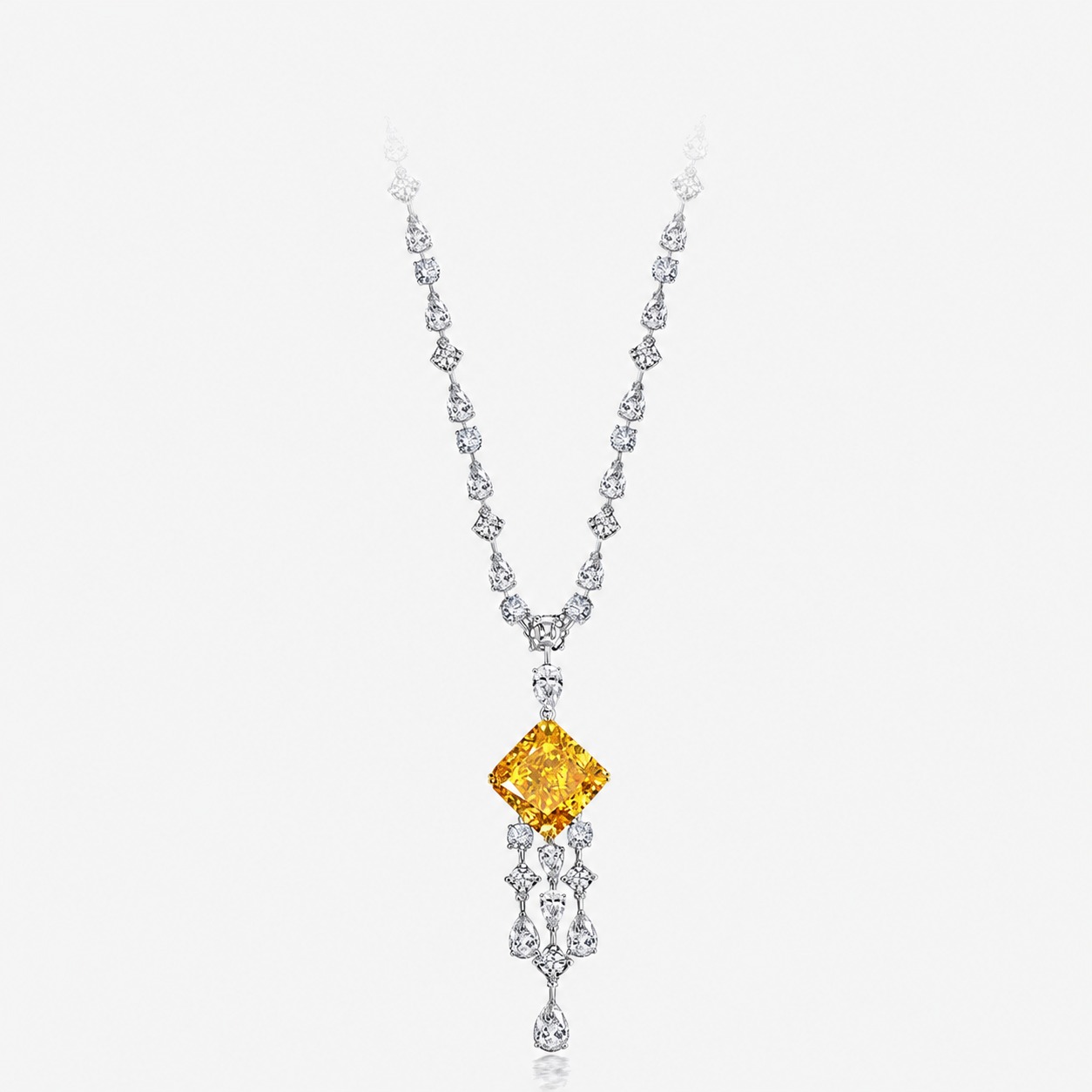 Yellow Square Amazing Crystals Tassel Pendant on a 925 Sterling Silver Necklace