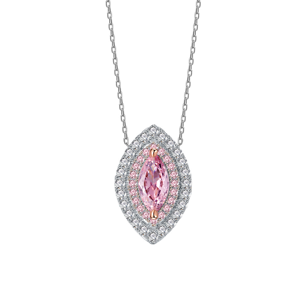 Eye Shape Pink Amazing Crystals Halo Necklace In 925 Sterling Silver Marquise Center Stone Layered Pavé Pendant Necklace