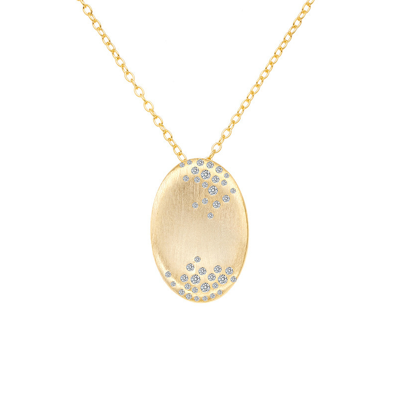 Geometric Oval Brushed Finish Amazing Crystals 18K Gold Plated 925 Sterling Silver Pendant Necklace