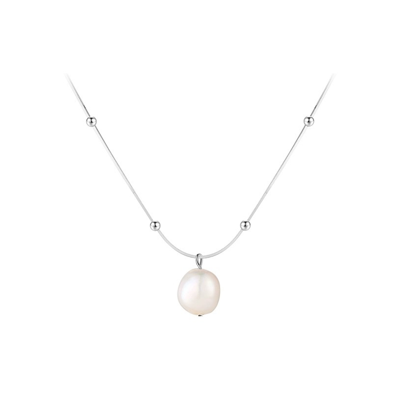Baroque Pearl Minimalist Beaded S925 Sterling Silver Snake Chain Pearl Pendant Necklace