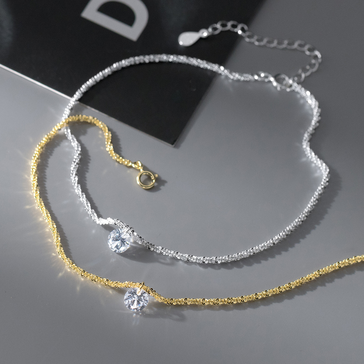 Single Round Clear Amazing Crystals S925 Sterling Silver Anklet Minimalist Delicate Sparkle Chain Anklet