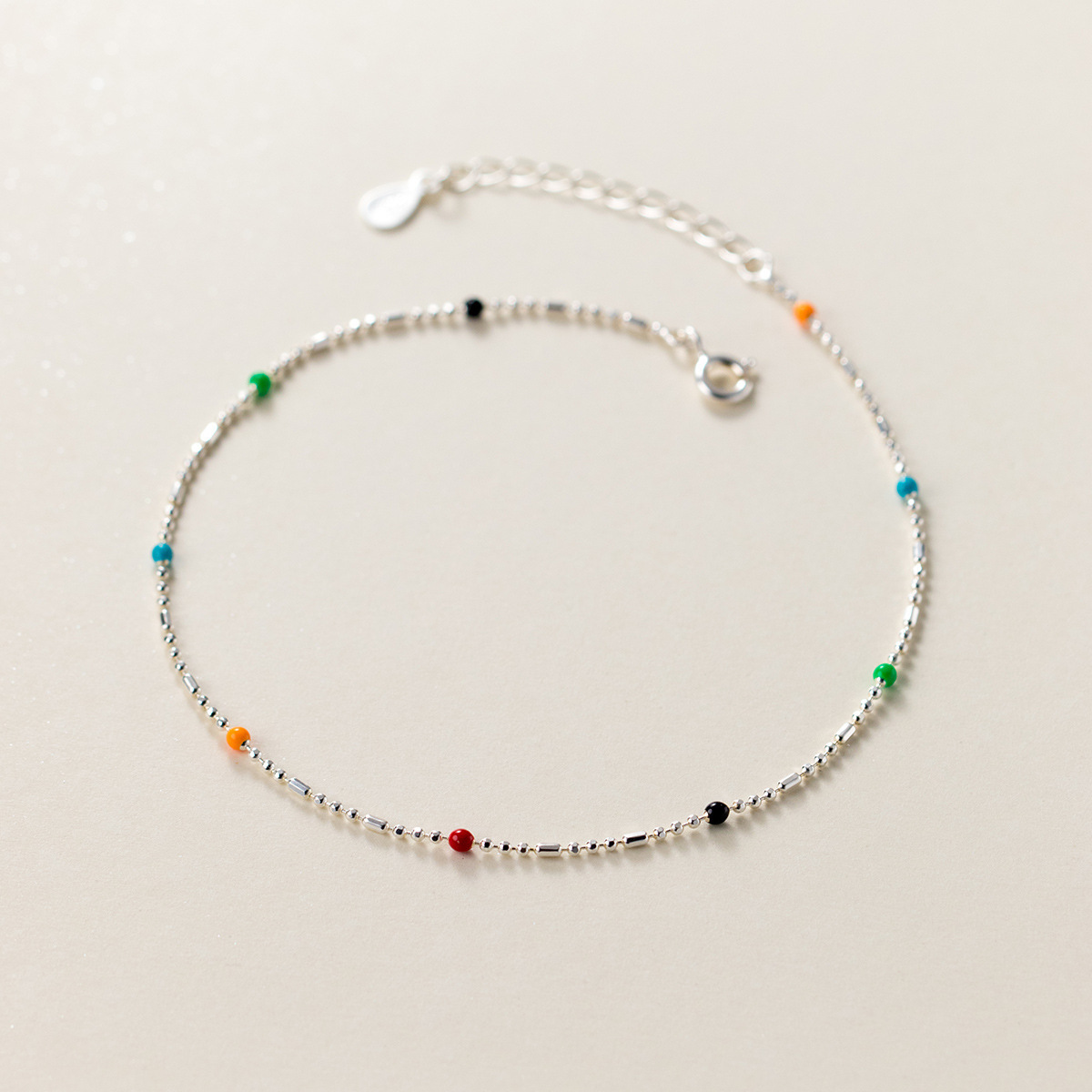 Mini Delicate Multicolor Round Bead Geometric Silver Anklet Pure Metal S925 Sterling Silver Adjustable Chain Anklet