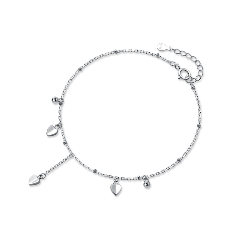 Pure Metal Polished Heart Charm Bead Chain S925 Sterling Silver Anklet