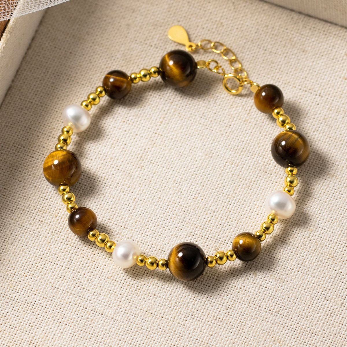 Tiger Eye Stone And Pearl Beaded S925 Silver Round Bead Chain Bracelet