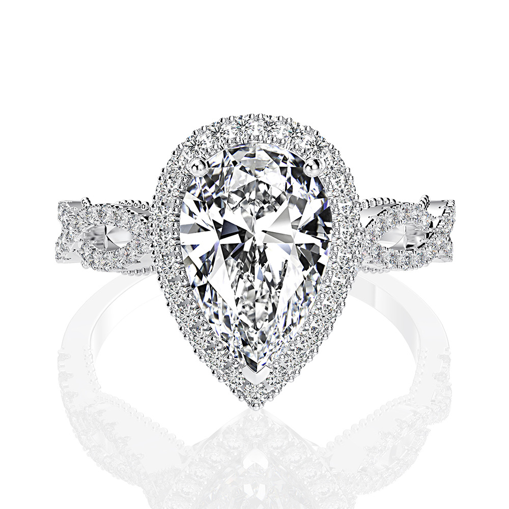 White Diamond Teardrop Shaped Halo Ring with Forked Band and Marquise-Cut Side Stones 925 Sterling Silver Wedding Ringnniversary Gift