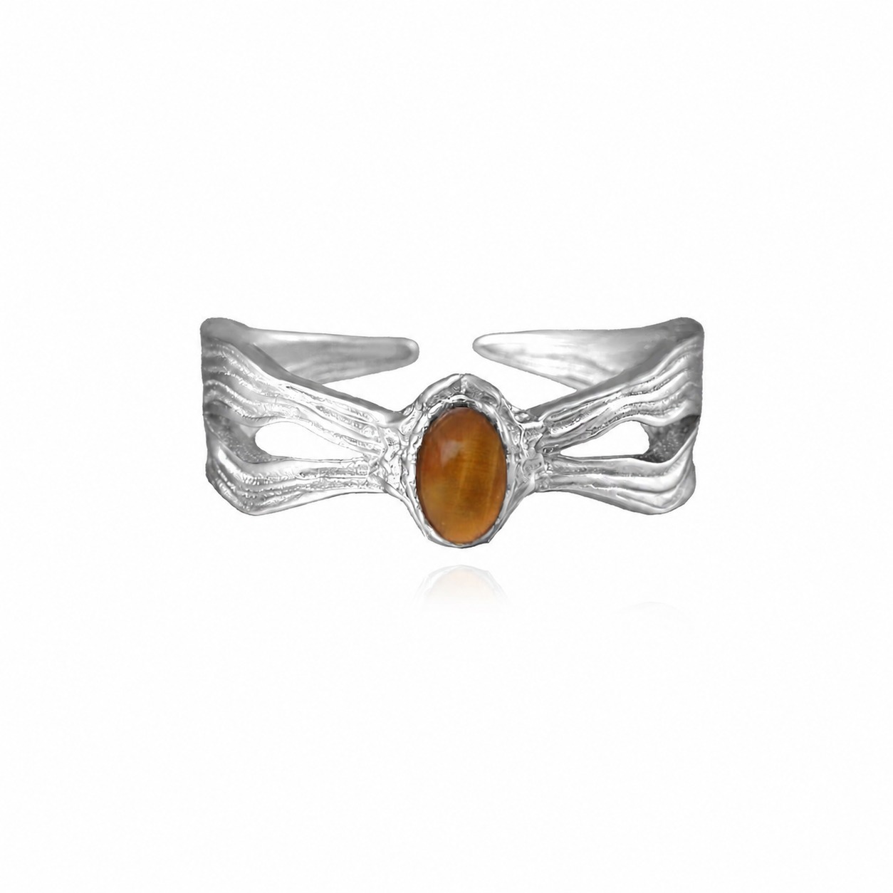 Natural Brown Tiger Eye Oval Cabochon 925 Sterling Silver Ring with Wavy Texture and Openwork Design Ring
