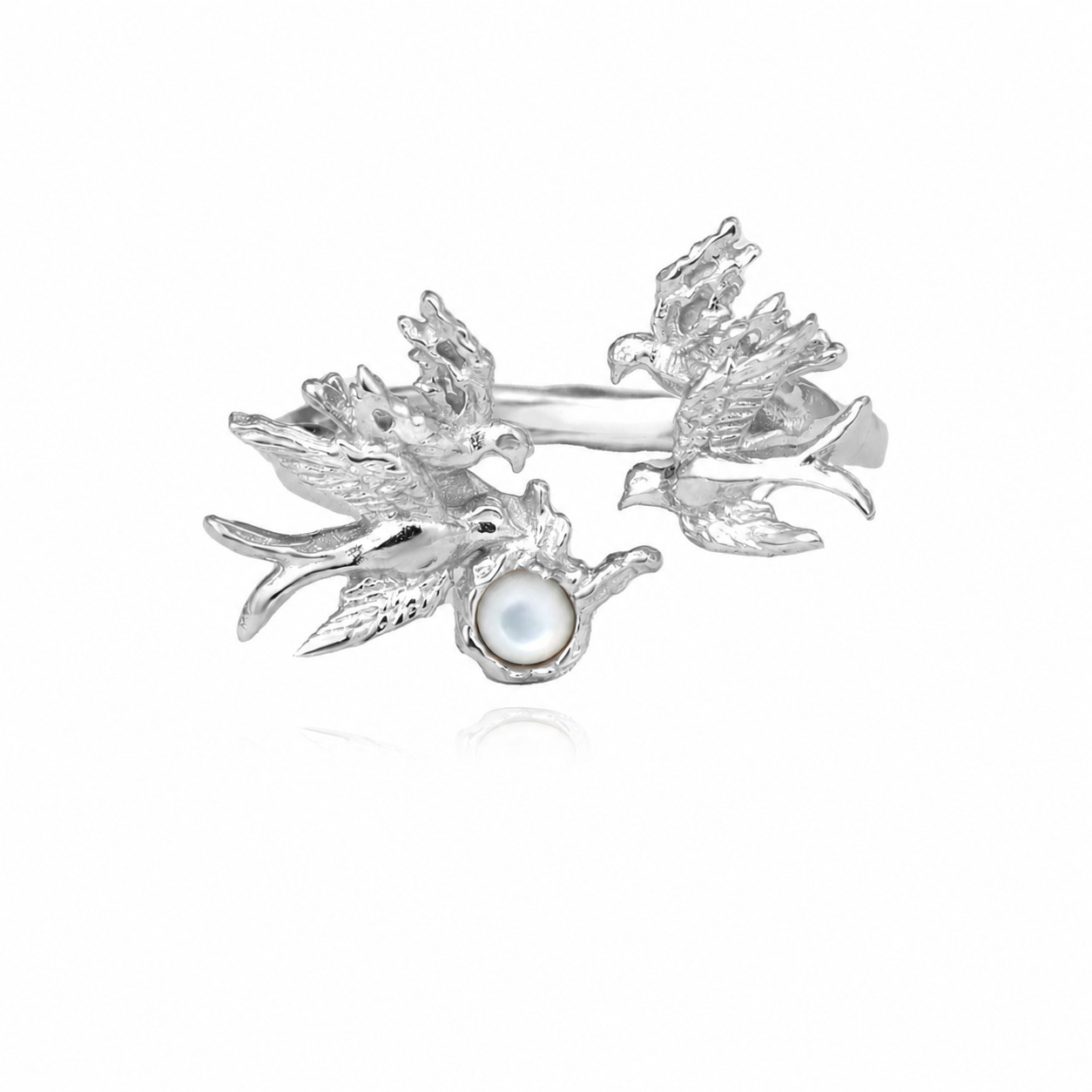 White Shell Bird Animal Motif 925 Sterling Silver Openwork Ring