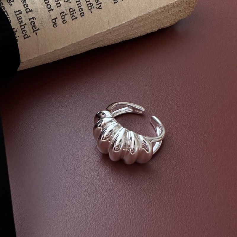 Women Vintage Minimalist Geometric Statement Croissant Horn Bag Shape 925 Sterling Silver Adjustable Ring