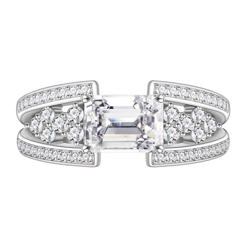 White Emerald Cut High Carbon Amazing Crystals Geometric Double Band Side Cluster 925 Sterling Silver Ring