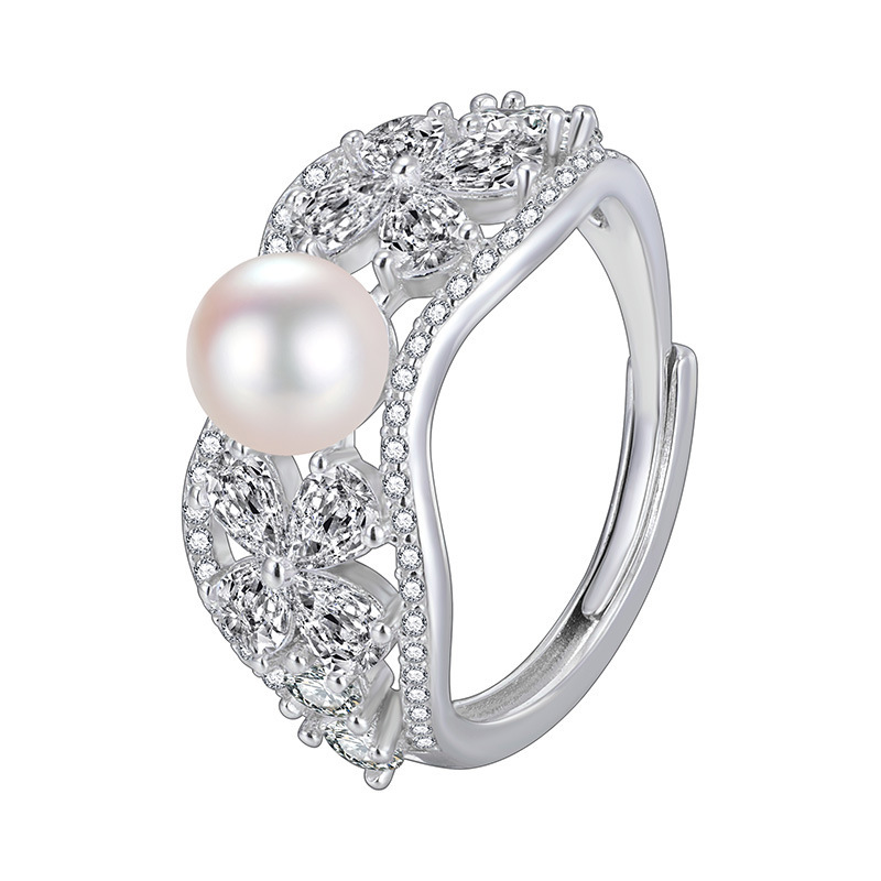 Elegant Fashion Women Floral Cluster Statement Flower Pearl Bead Amazing Crystals Solid 925 Sterling Silver Open Ring