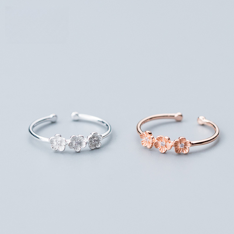 Triple Cherry Blossom Flower Amazing Crystals S925 Sterling Silver Adjustable Open Ring