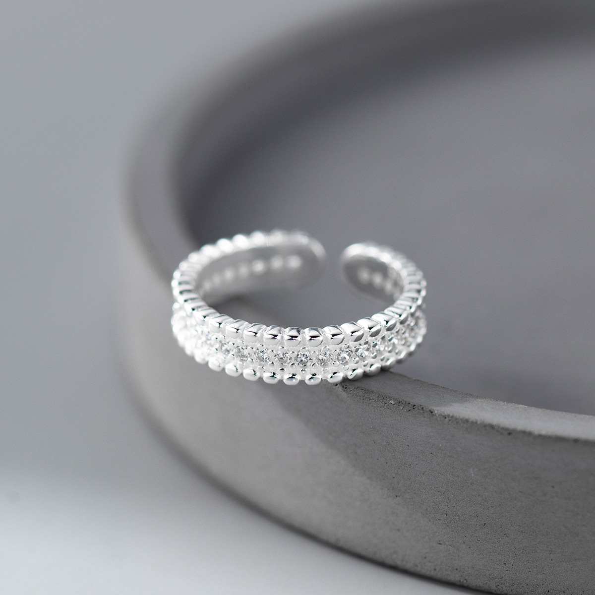 Amazing Crystals Multi Row Pave Beaded Edge S925 Sterling Silver Adjustable Open Band Ring