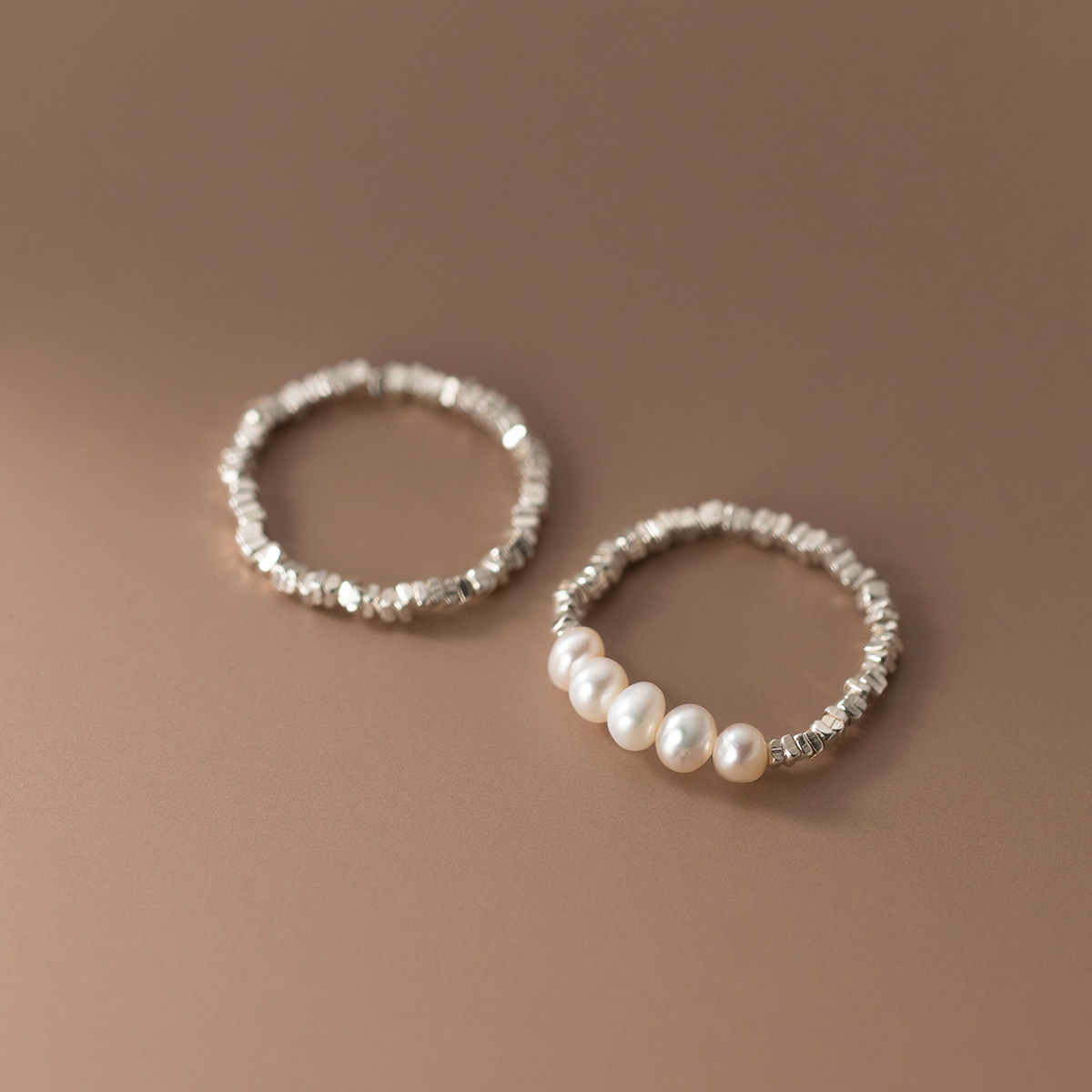 Minimalist S925 Silver Polished Irregular Chip Texture Stacking Fashion Beaded Ring